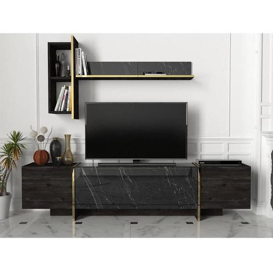 Ensemble TV avec rangements - Effet marbre noir, naturel foncé et doré - CADEBA II