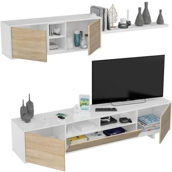 Ensemble TV coloris blanc brillant - Chêne canadien - Dim : 200 x 41 x 46 cm
