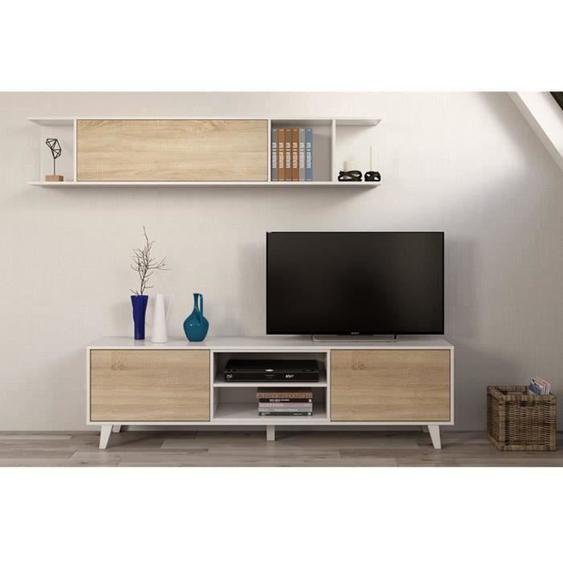 Ensemble TV coloris blanc brillant et chêne canadien - Dim : 51 x 41 x 180 cm