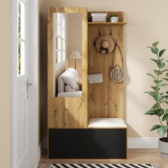 Ensemble vestiaire comprenant 5 patères, 1 miroir, 1 meuble à chaussures, tabouret de couloir, 100x38x191 cm, design moderne, Naturel