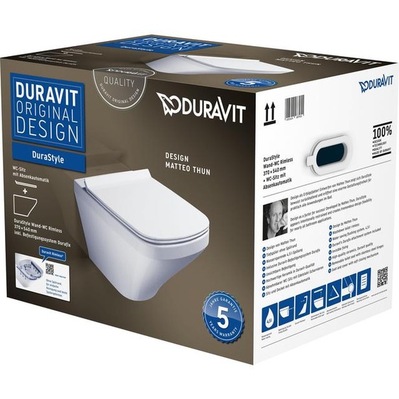 Ensemble WC suspendu sans rebord DuraStyle de Duravit + siège WC avec abattant à fermeture automatique, fixation incluse, 1 pièce.