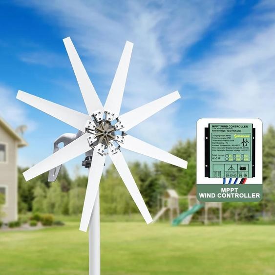 Éolienne SS8B-3000 - Éolienne à axe horizontal - 3000 W, 24 V - 8 pales - Vitesse de démarrage : 1,5 m/s - Alliage daluminium - Régulateur de charge offert - Blanc