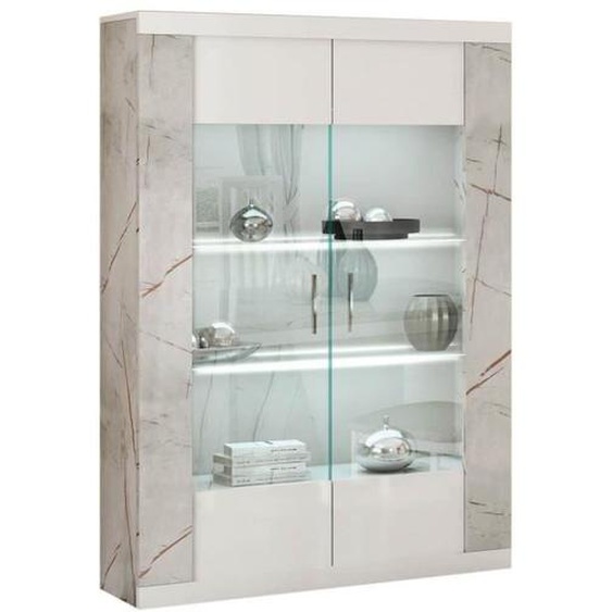Vitrine - ALTOBUY - EROS - 2 Portes - Éclairage LED Intégré - Décor Marbre Blanc et Noir