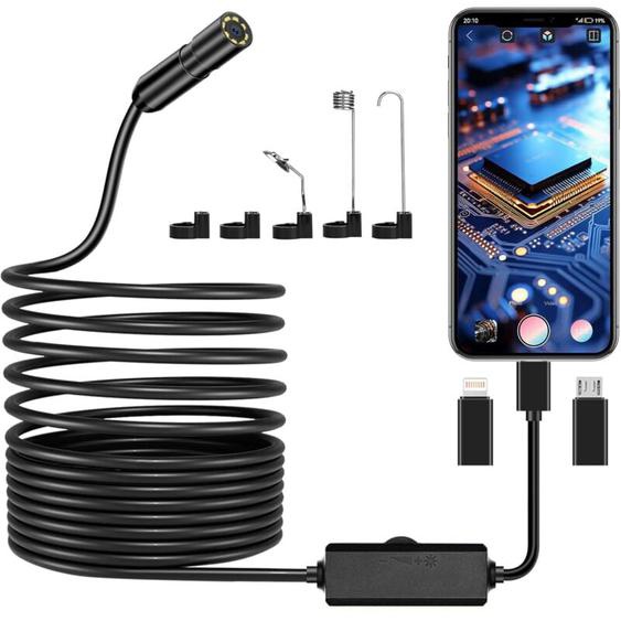 Ersandy - Caméra Endoscopique, 1920P hd Camera dInspection Canalisation, IP67 Endoscope Camera avec 8 lumières led Câble Semi-Rigide de 5m pour