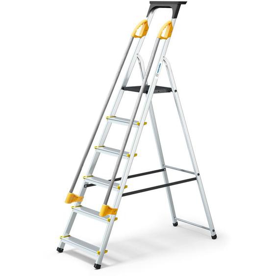 Hoström - Escabeau 6 marches duramp sécurisé avec rampes, tablette porte-outils, marchepied pliable aluminium, hauteur plateforme 119cm, garantie 5
