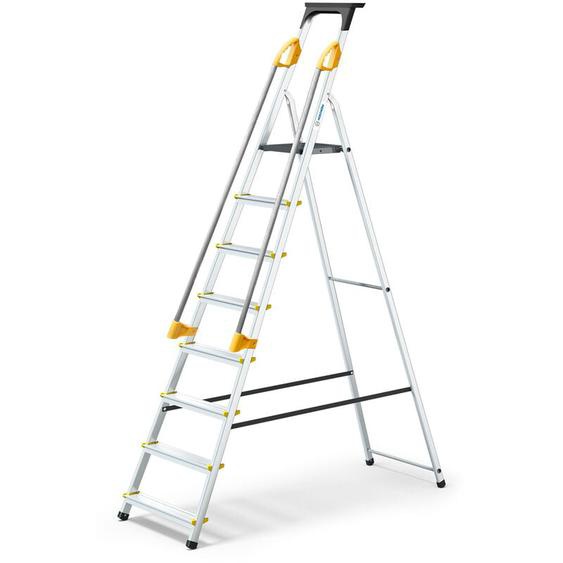 Escabeau 8 marches duramp sécurisé avec rampes, tablette porte-outils, marchepied pliable aluminium, hauteur plateforme 162cm, garantie 5 ans Hoström