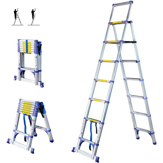 Escabeau 8 marches telescopique EXTENDACT8, Echelle telescopique 2,3 m+2m, escabeau pliable télescopique, h max travail 3,8m, Garantie 5 ans, Hostrom