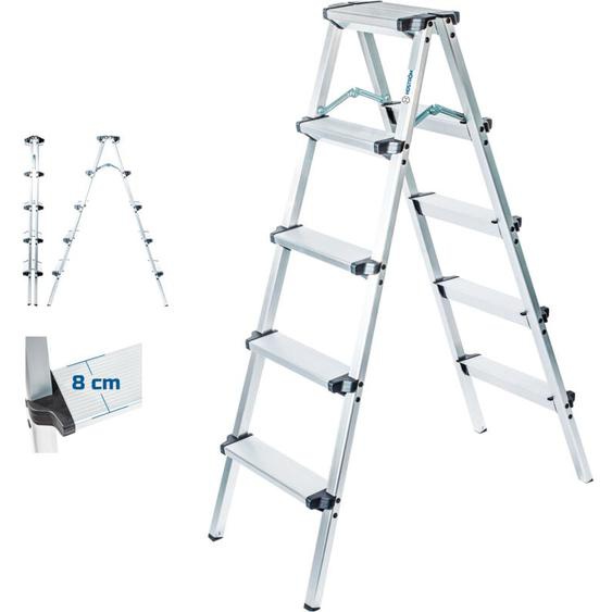 Hoström - Escabeau marche pied 5 marches HOMILIX5, petit escabeau pliable, aluminium, design compact et robuste, h max travail 2,85m, 5 ans garantie,