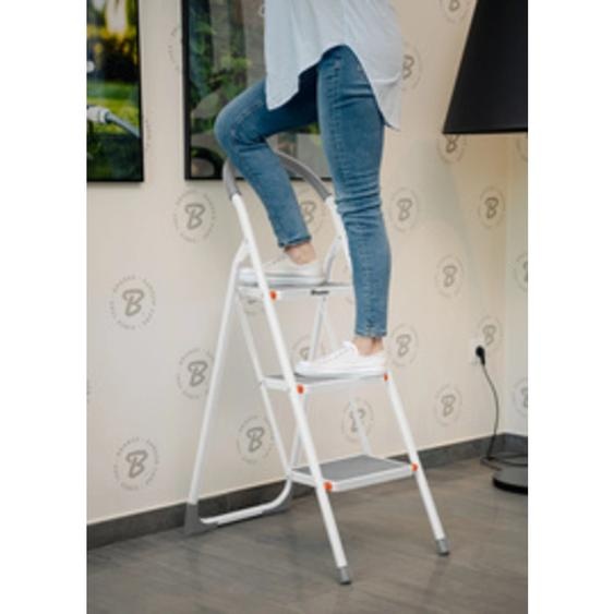 Escabeau pliable en acier, 3 niveaux, blanc/gris