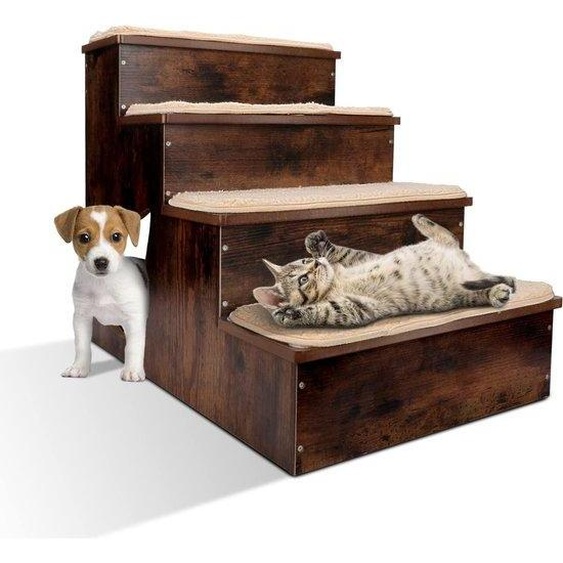 Escalier pour chat en bois de haute qualité, 4 marches, avec tapis antidérapant et trappe pour chien. Grand escalier pour chat adapté aux lits et tables en hauteur