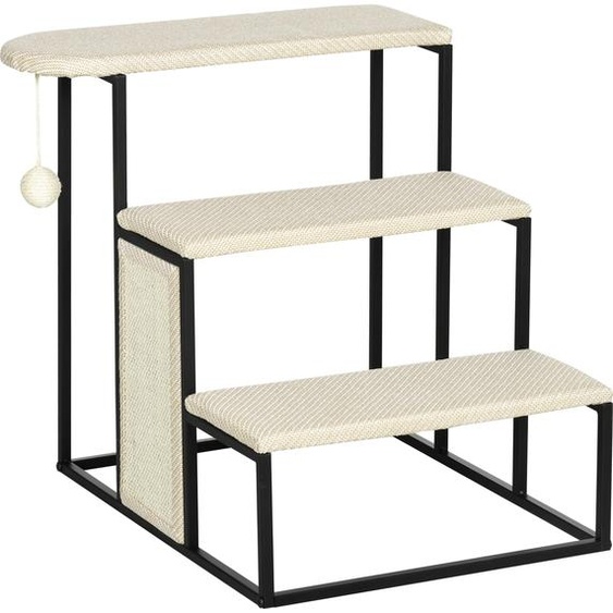 Escalier pour chat Fortuna Lai, avec griffoir, 3 marches, balle de jeu, robuste, acier + sisal, blanc crème + noir, 51 x 54 x 53 cm