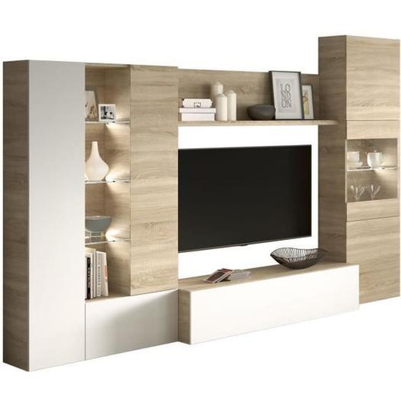ESSENCIAL Meuble TV avec LED classique blanc brillant et décor chêne - L 260 cm
