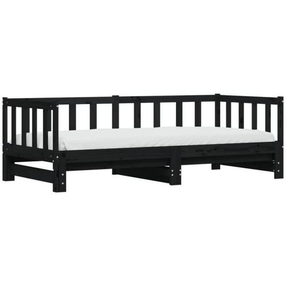 Lit de jour avec lit gigogne - ESTINK - Noir - Bois de pin massif - 90x200 cm - 2 places