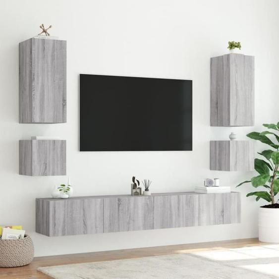 Meuble TV mural - ESTINK - 84399 - sonoma gris - 100x35x31 cm - Lumières LED RVB