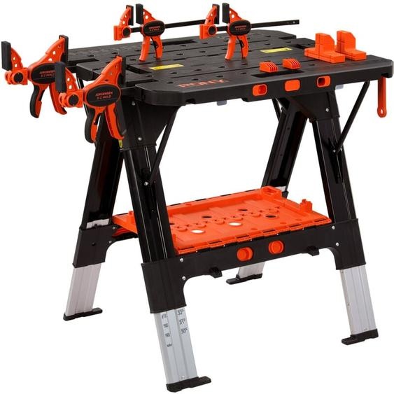 Etabli de Serrage 2 en 1, Etabli Pliant avec 4 Serre-Joints, Chevalet de Sciage/Table de Travail Chargeable Jusquà 454kg/227kg, avec Pieds en