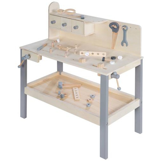 Établi Enfant En Bois Avec Accessoires De Bricolage Naturel Et Gris