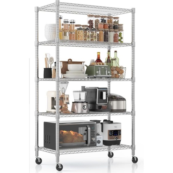Étagère à cinq niveaux avec roulettes, étagère robuste réglable en hauteur, 91 x 45 x 208 cm, étagère de garage, étagère de stockage, étagère de cuisine, supporte au moins 1020 kg