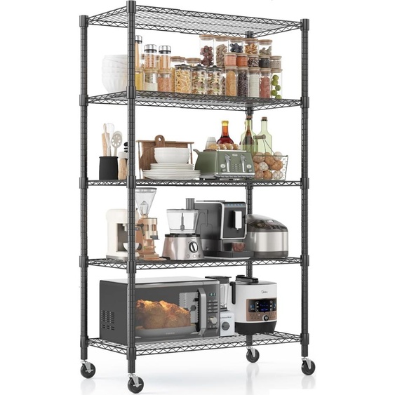 Étagère à cinq niveaux avec roulettes, étagère robuste réglable en hauteur, 91 x 45 x 208 cm, étagère de garage, étagère de stockage, étagère de cuisine, supporte au moins 1020 kg