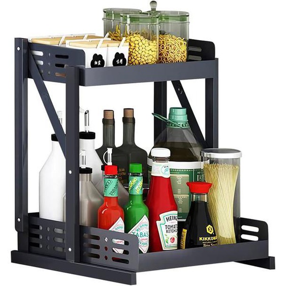 Étagère à Épices, 34 x 28 x 38cm, Noir Pliable 2 Niveaux Rangement Épices Cuisine Comptoir de Cuisine en Acier Inoxydable Robuste