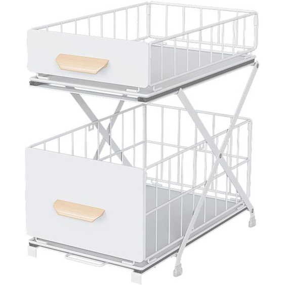 Étagère à épices à deux niveaux, tiroir pour sous lévier, étagère métallique pour sous le meuble de cuisine, rangement pliable pour placard, rangement pour produits dentretien, réglable en hauteur, 1 pièce (blanc)