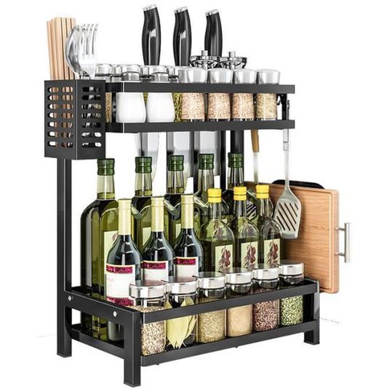 Étagère à Épices avec 2 Niveaux Rangement Épices Cuisine pour Comptoir de Cuisine en Acier Inoxydable,(32.5x20x40cm,Noir)