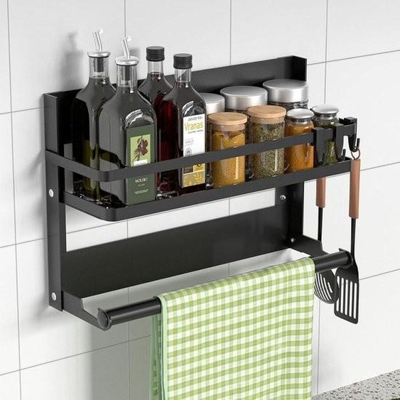 Étagère à épices - Étagère de cuisine suspendue en acier inoxydable - Sans perçage - Noir - 4 crochets Porte-rouleau de cuisine suspendu