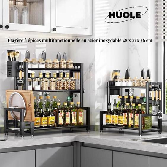 Étagère à épices multifonctionnelle en acier inoxydable 48 x 21 x 36 cm : organisez votre style de cuisine