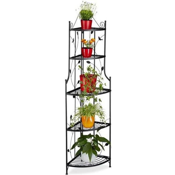 Relaxdays Etagère à fleurs de coin en métal 5 niveaux GOTH meuble plantes pliable présentoir HxlxP: 160 x 36 x 36 cm, noir