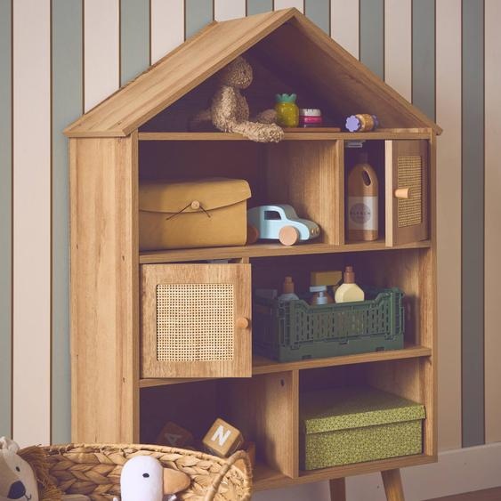 Etagère Bibliothèque Décor Bois, 7 Compartiments Et 2 Portes En Cannage Naturel