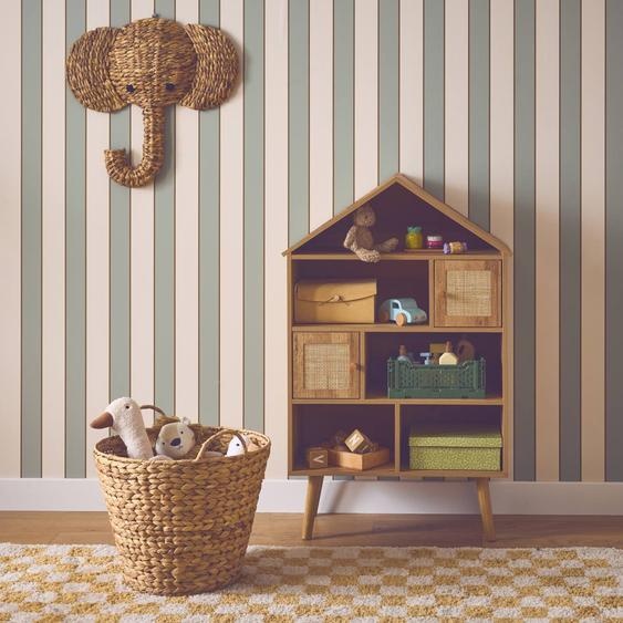 Etagère Bibliothèque Décor Bois, 7 Compartiments Et 2 Portes En Cannage Naturel