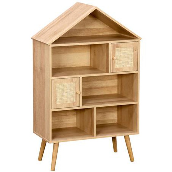 Etagère Bibliothèque Effet Bois Et Cannage 7 Compartiments 2 Portes Bohème Naturel