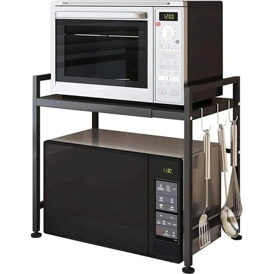 Étagère coulissante pour micro-ondes - Support extensible - Réglable en hauteur - Rangement de cuisine - Structure métallique - Noir