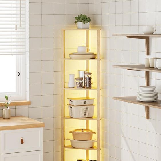 Étagère dangle, 6 niveaux, avec éclairage LED, en chêne, dimensions : 37 x 27 x 150 cm