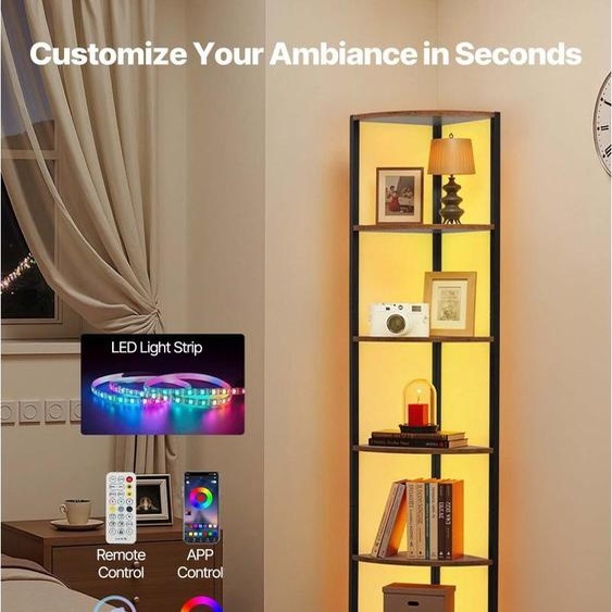 Étagère dangle 6 niveaux avec lumière LED, support dangle haut, étagère daffichage espace de stockage - cadre métallique & étagères en bois, étagère sur pied bibliothèque dexposition pour chambre/salon/bureau, brun