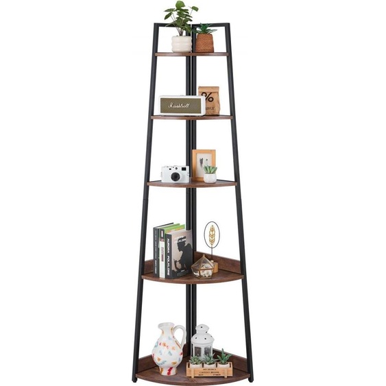 étagère dangle à 5 niveaux avec cadre métallique & étagères en bois - Support haut pour plantes dangle - Étagère de présentation & de stockage - Étagère à livres sur pied & dexposition pour chambre, salon & bureau - Marron