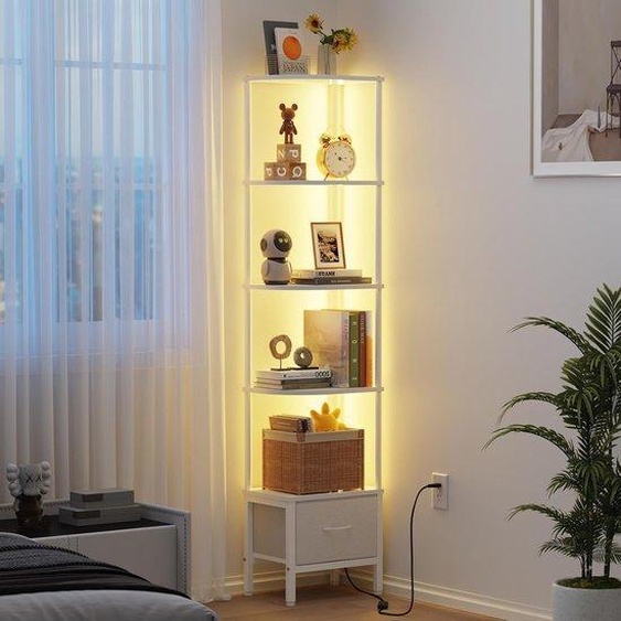 Étagère dangle à 5 niveaux, éclairage LED, tiroir en tissu, 172 cm (modèle étroit), blanc