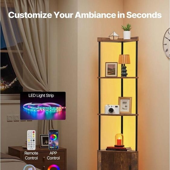 Étagère dangle avec 5 niveaux et lumière LED - Support dangle avec portes et cadre métallique - Étagère de présentation Étagère de stockage avec étagères en bois - Étagère sur pied Bibliothèque dexposition pour chambre à coucher Salon Bureau - Marron