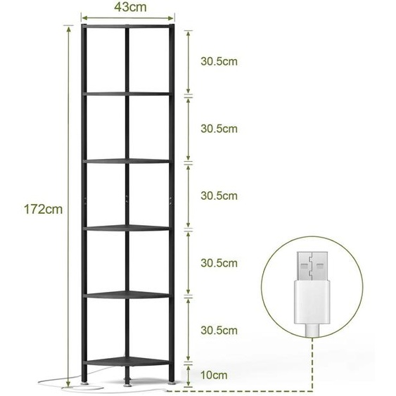 Étagère dangle - Bibliothèque à 6 niveaux - Éclairage LED réglable - Espace de rangement 30 x 30 x 172 cm - Structure en bois - Noir