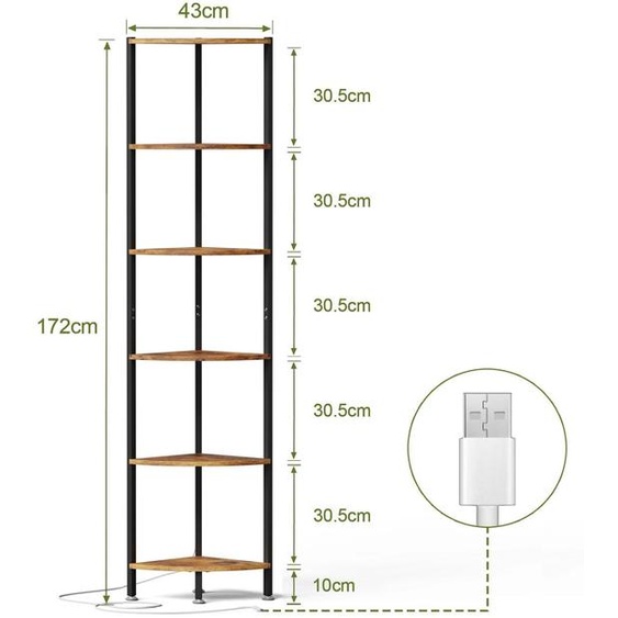 Étagère dangle - Étagère triangulaire à 6 niveaux avec éclairage LED - Étagère autoportante pour salon, chambre, cuisine, salle de bain - Bois - Marron
