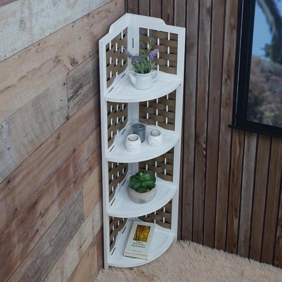 Etagère dangle HWC-K85, étagère sur pied, pliable 4 étagères, bois de paulownia 110cm ~ blanc, tressage brun