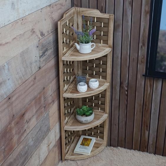Etagère dangle HWC-K85, étagère sur pied, pliable 4 étagères, bois de paulownia 110cm ~ brun, tressage brun