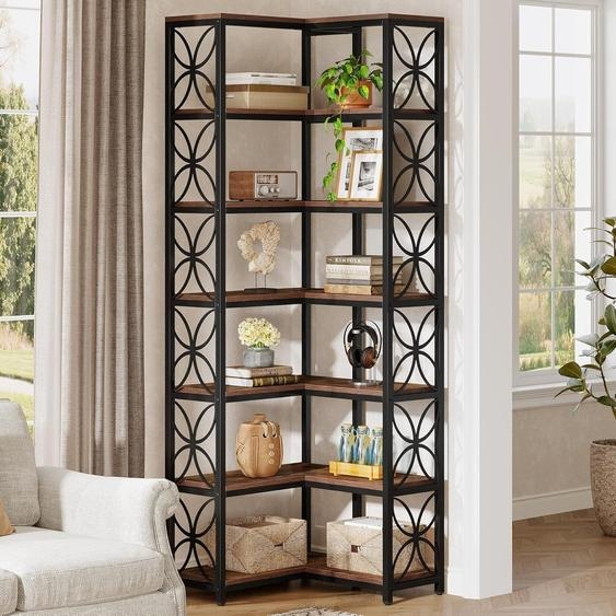 Étagère dangle LITTLE TREE à 6 tablettes, style industriel, bois et métal, bibliothèque avec motif décoratif, marron-noir