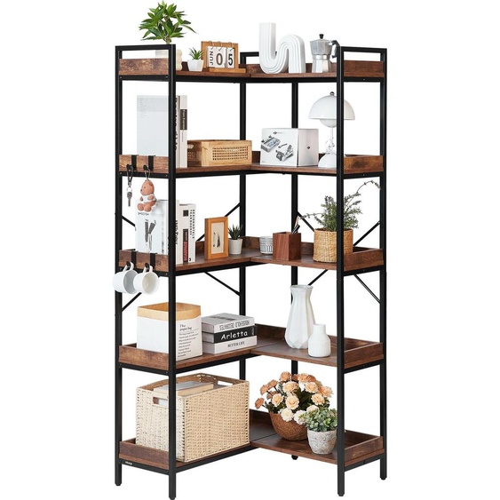 Étagère dangle VEVOR à 5 niveaux, support dangle haut avec 4 crochets, étagère dexposition, étagère de rangement avec cadre métallique et étagères en bois, étagère sur pied, bibliothèque dexposition pour chambre à coucher, salon, bureau, marron