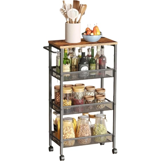 Étagère dangle vintage, marron et noir, pour chariot de cuisine à 4 niveaux, dimensions : 22 x 45,4 x 77 cm