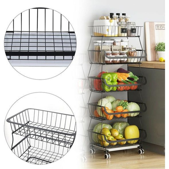 Étagère de cuisine 5 étages Empilable Panier à légumes Panier à fruits Panier de rangement + Roues