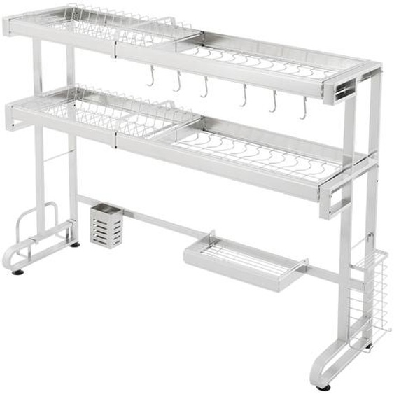 étagère de cuisine à 2 niveaux Égouttoir à vaisselle en acier inoxydable Argent Organisateur extensible au-dessus de lévier de cuisine