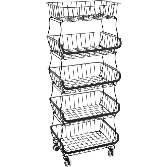 Étagère de cuisine - Étagère en osier sur roulettes - 5 niveaux - Pivotante à 360° - Acier au carbone - 10 kg par niveau - 41 × 29 × 112 cm - Noir