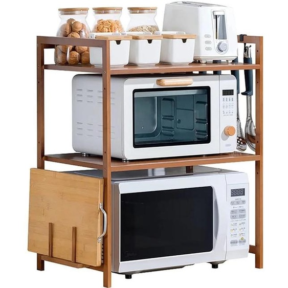 Étagère de cuisine - Étagère pour micro-ondes - Bambou - 2 niveaux - 4 crochets - 55 × 35 × 67 cm XL - Couleur bois naturel