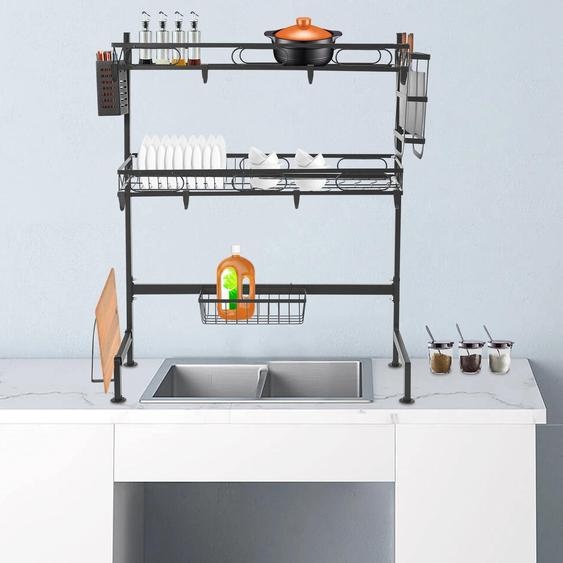 Étagère de cuisine multifonctionnelle - Égouttoir au-dessus de lévier - 2 niveaux, 62 cm - Grande capacité - Porte-couverts - Résistant à lusure - Noir