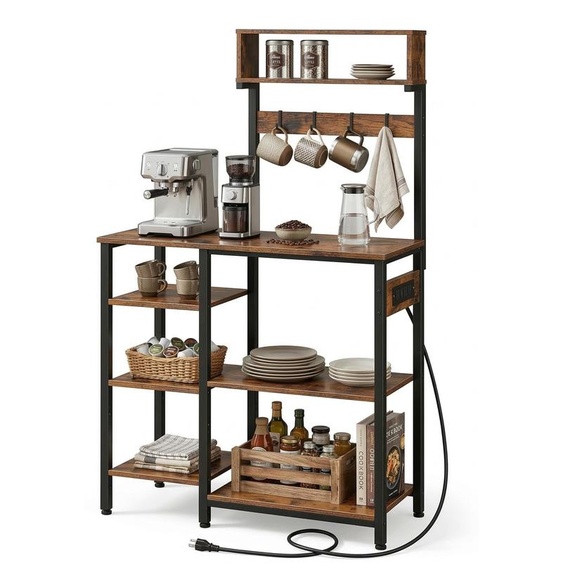Étagère de cuisine Relaxdays avec prise électrique et port USB, dimensions : 151 x 82 x 40 cm, étagère pour micro-ondes, aspect bois, ouverte, métal, marron/noir